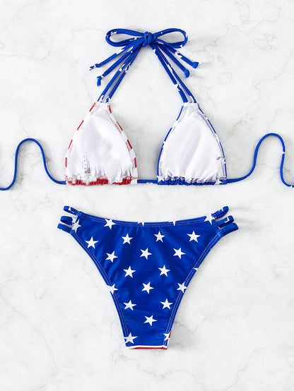 Summer Beach American USA Flag Print Bikini Set Halter Triangle Top & Bikini Bottom 2 Pieces Bikini 4Th of July Bikini Set for Summer Beach