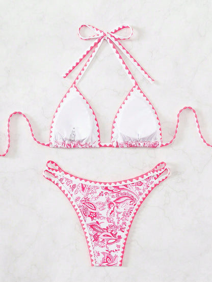 Swim Vcay Women'S Summer Beach Floral Print Halter Neck Tie Bikini Set