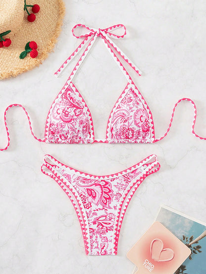 Swim Vcay Women'S Summer Beach Floral Print Halter Neck Tie Bikini Set